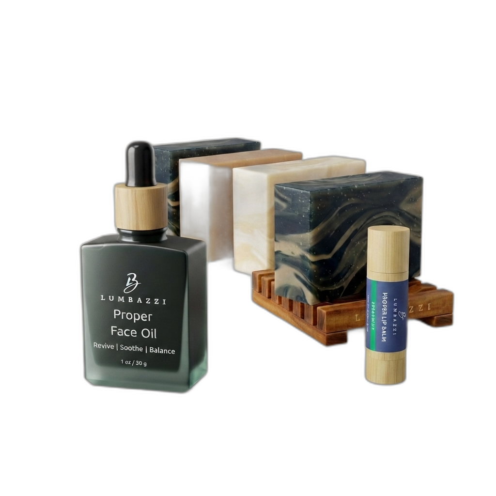 The No Beard Routine: four Proper Bars, the walnut holder, the Face Oil and a lip balm.
