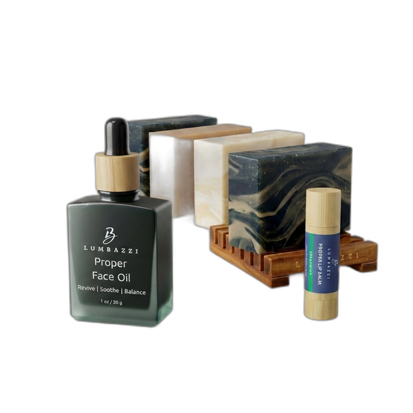 The No Beard Routine: four Proper Bars, the walnut holder, the Face Oil and a lip balm.