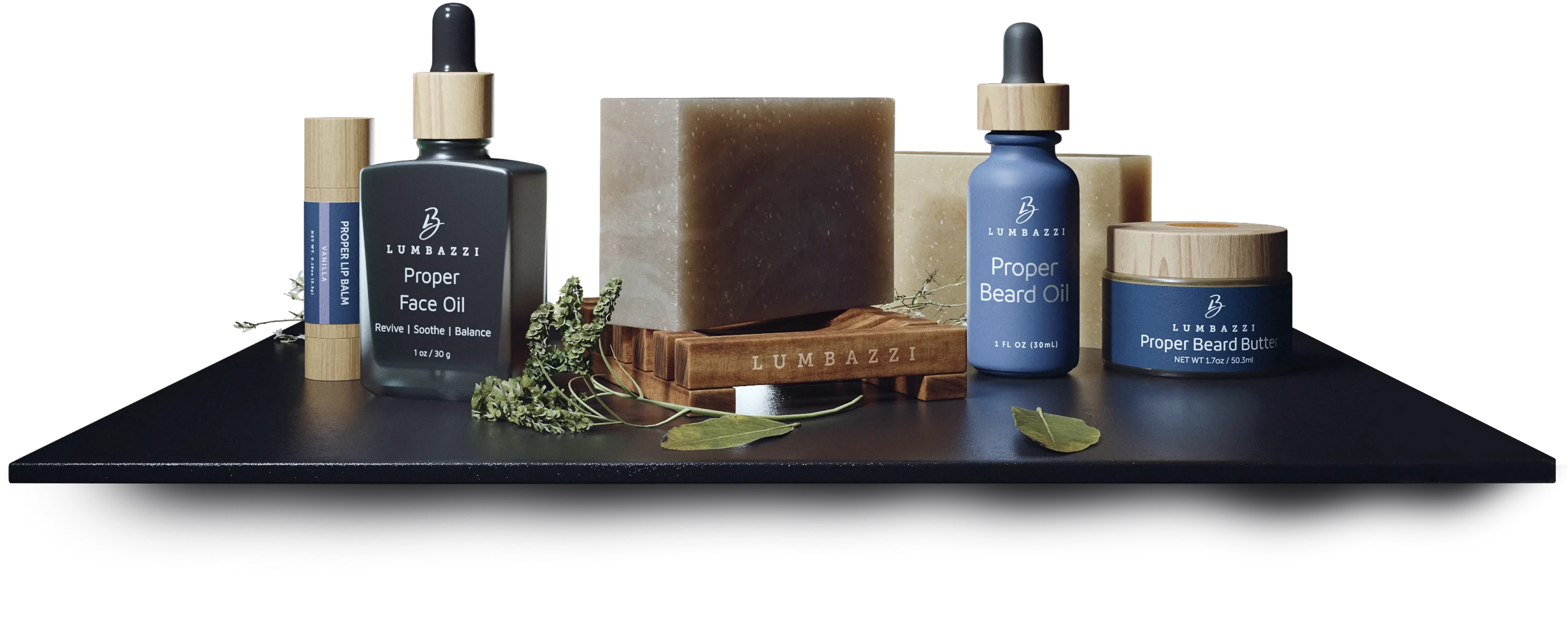 The Lumbazzi shelf: lip balm, face oil, cold-process soap, beard oil and beard butter